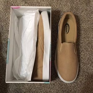 Khaki slip on shoes
